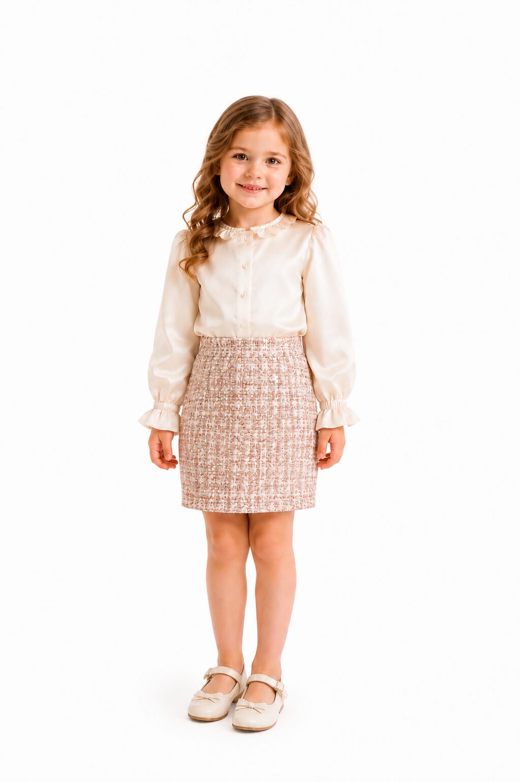 GIRLS CREAM BLOUSE & TWEED SKIRT
