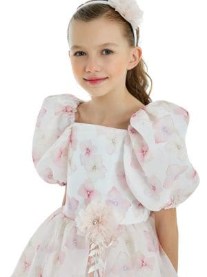 Girls organza party dresses with pink flower pattern