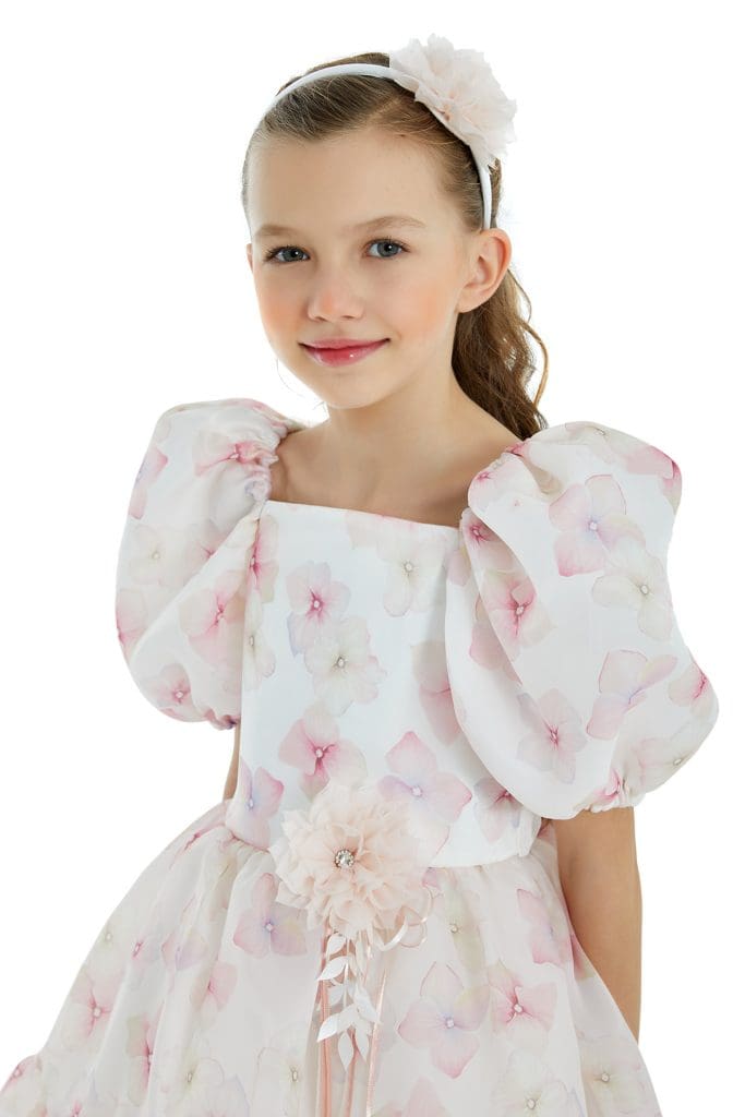 Girls organza party dresses with pink flower pattern
