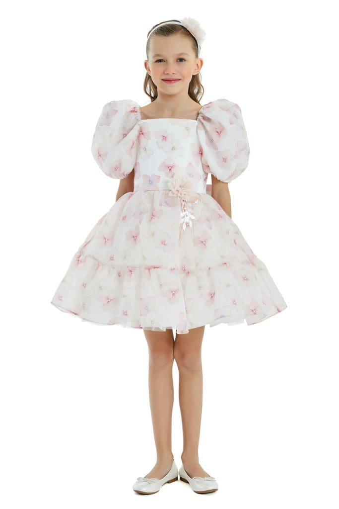 Girls organza party dresses with pink flower
